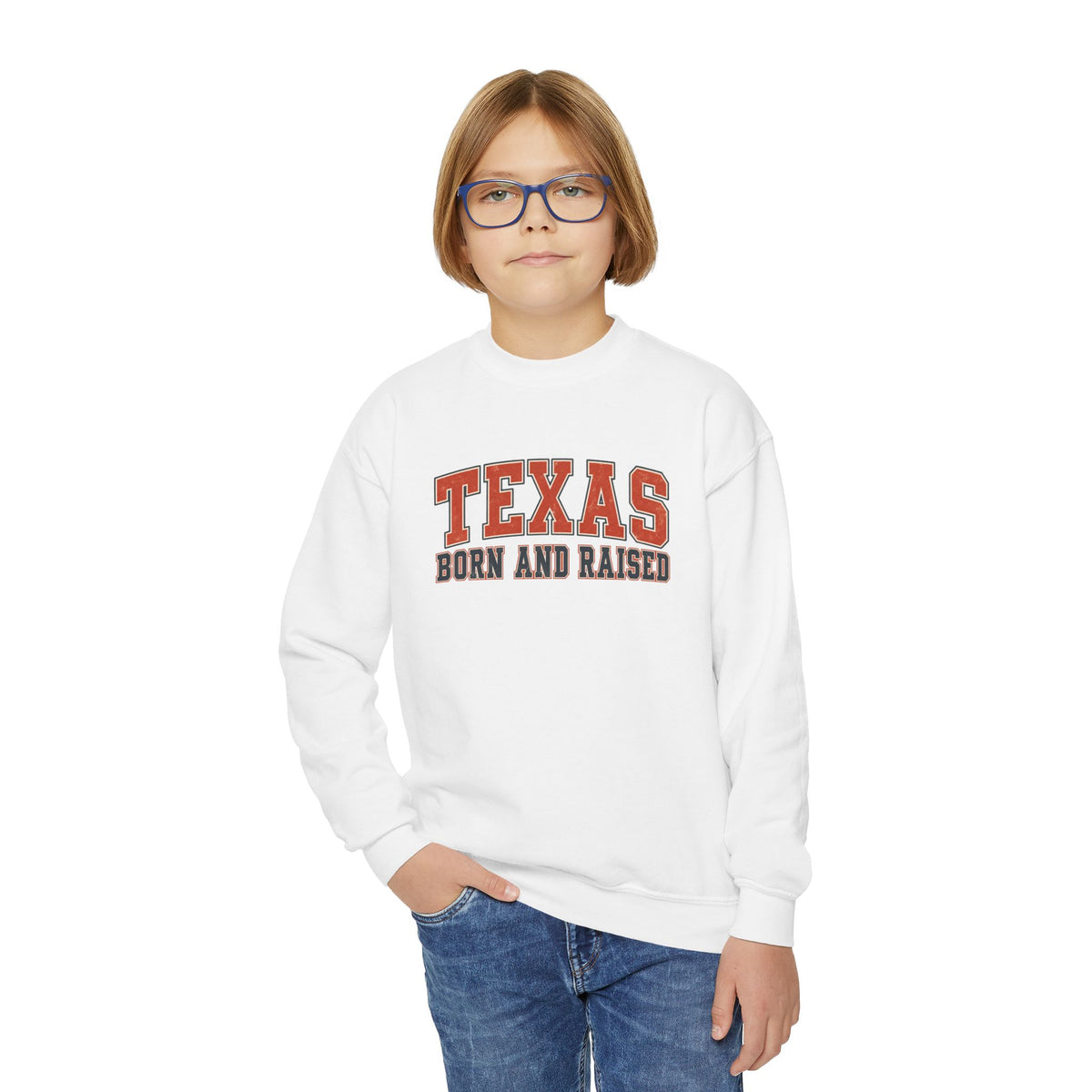 Texas Born and Raised Collegiate Unisex Youth Crewneck Sweatshirt Graphic