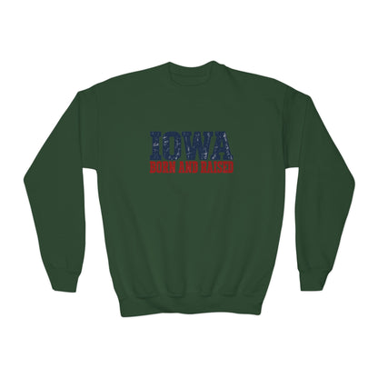 Iowa Born and Raised Rustic Midwest Unisex Youth Crewneck Sweatshirt Graphic