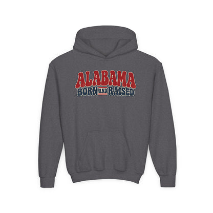 Alabama Born and Raised Retro 1970s Americana Unisex Youth Heavy Blend Hooded Sweatshirt Graphic
