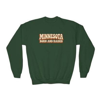 Minnesota Born and Raised Retro 1970s Unisex Youth Crewneck Sweatshirt Graphic