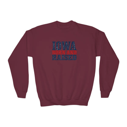 Iowa Born and Raised Bold Hometown Pride Unisex Youth Crewneck Sweatshirt Graphic