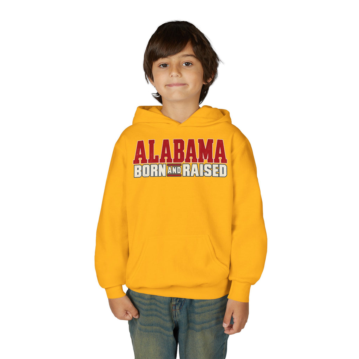 Alabama Born and Raised Premium Southern Streetwear Unisex Youth Heavy Blend Hooded Sweatshirt Graphic