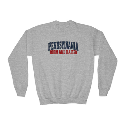 Pennsylvania Born and Raised Vintage Americana Unisex Youth Crewneck Sweatshirt Graphic