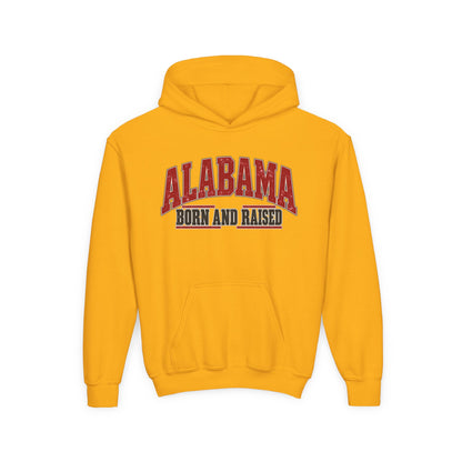Alabama Born and Raised Bold Southern Americana Unisex Youth Heavy Blend Hooded Sweatshirt Graphic