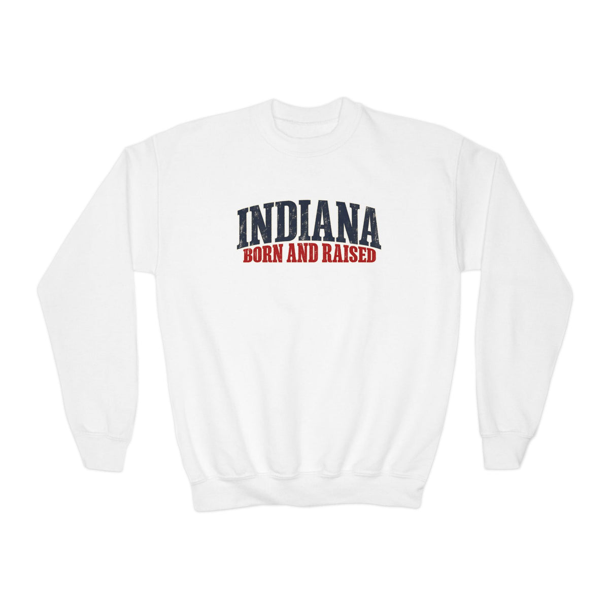 Indiana Born and Raised Midwest Americana Unisex Youth Crewneck Sweatshirt Unisex Graphic