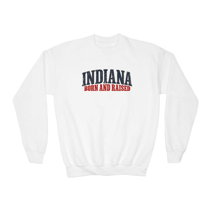 Indiana Born and Raised Midwest Americana Unisex Youth Crewneck Sweatshirt Unisex Graphic
