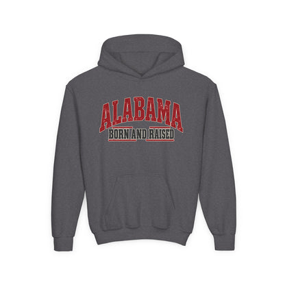 Alabama Born and Raised Bold Southern Americana Unisex Youth Heavy Blend Hooded Sweatshirt Graphic