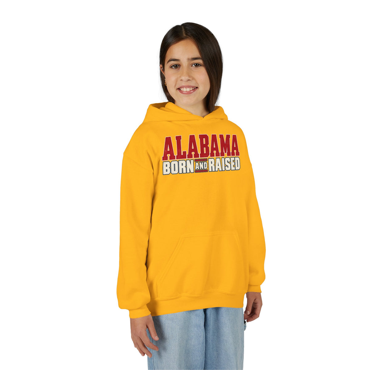 Alabama Born and Raised Premium Southern Streetwear Unisex Youth Heavy Blend Hooded Sweatshirt Graphic