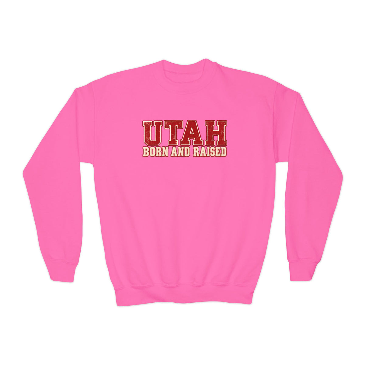 Utah Born and Raised Vintage Athletic Unisex Youth Crewneck Sweatshirt Graphic