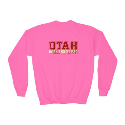 Utah Born and Raised Vintage Athletic Unisex Youth Crewneck Sweatshirt Graphic