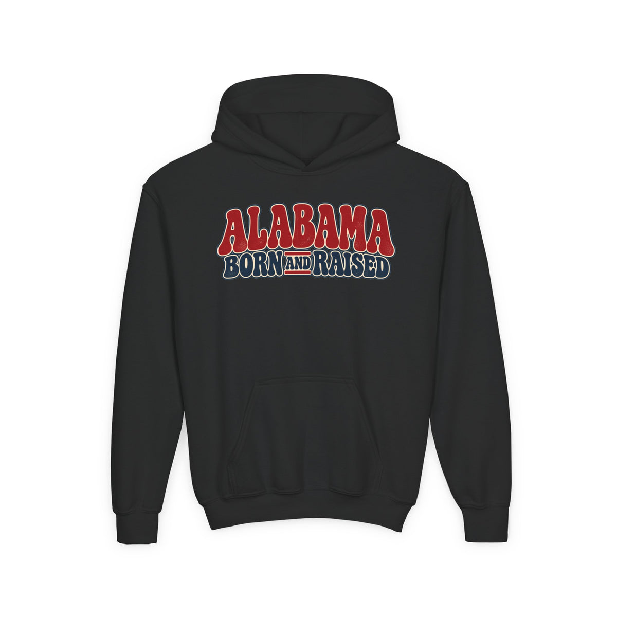 Alabama Born and Raised Retro 1970s Americana Unisex Youth Heavy Blend Hooded Sweatshirt Graphic