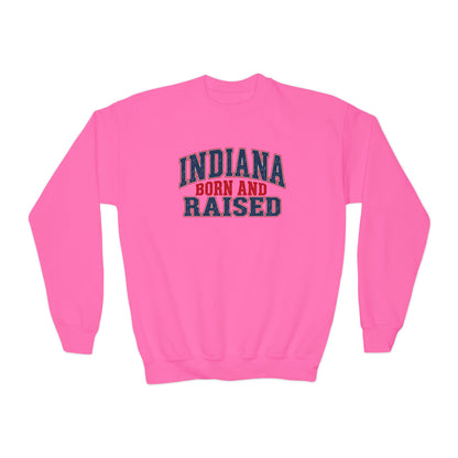 Indiana Born and Raised Bold Hometown Pride Unisex Youth Crewneck Sweatshirt Graphic