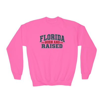 Florida Born and Raised Rustic Americana Unisex Youth Crewneck Sweatshirt Graphic