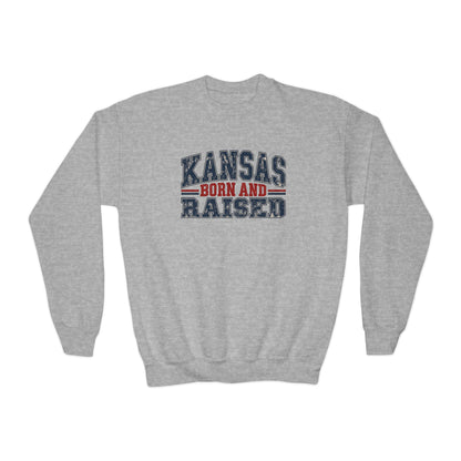 Kansas Born and Raised Vintage Americana Unisex Youth Crewneck Sweatshirt Graphic