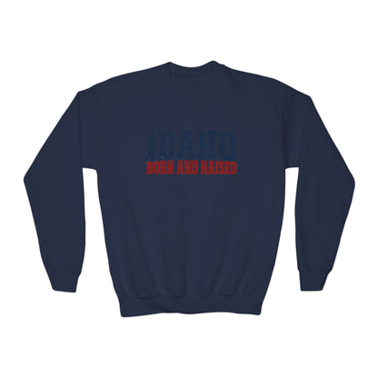 Idaho Born and Raised Rugged Western Unisex Youth Crewneck Sweatshirt Graphic