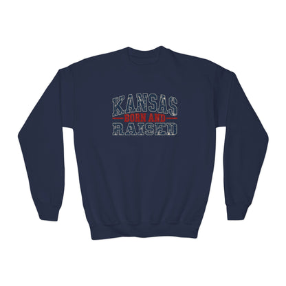 Kansas Born and Raised Vintage Americana Unisex Youth Crewneck Sweatshirt Graphic