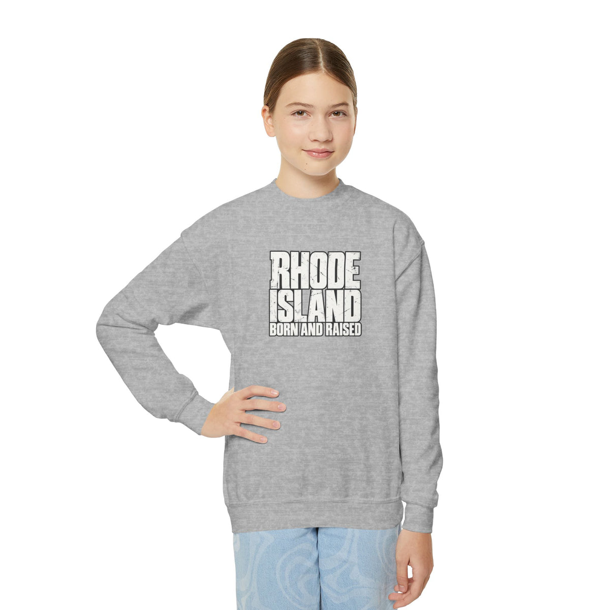 Rhode Island Born and Raised Northeast Streetwear Unisex Youth Crewneck Sweatshirt Graphic