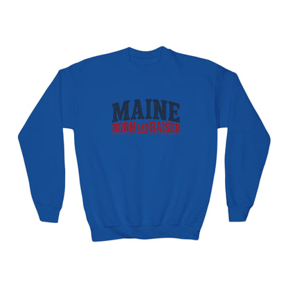 Maine Born and Raised Rugged Outdoor Heritage Unisex Youth Crewneck Sweatshirt Graphic