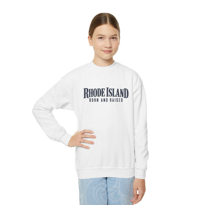 Rhode Island Born and Raised Premium Heritage Unisex Youth Crewneck Sweatshirt Graphic