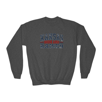 Kansas Born and Raised Vintage Americana Unisex Youth Crewneck Sweatshirt Graphic