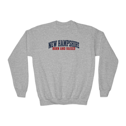 New Hampshire Born and Raised Minimal Heritage Unisex Youth Crewneck Sweatshirt Graphic