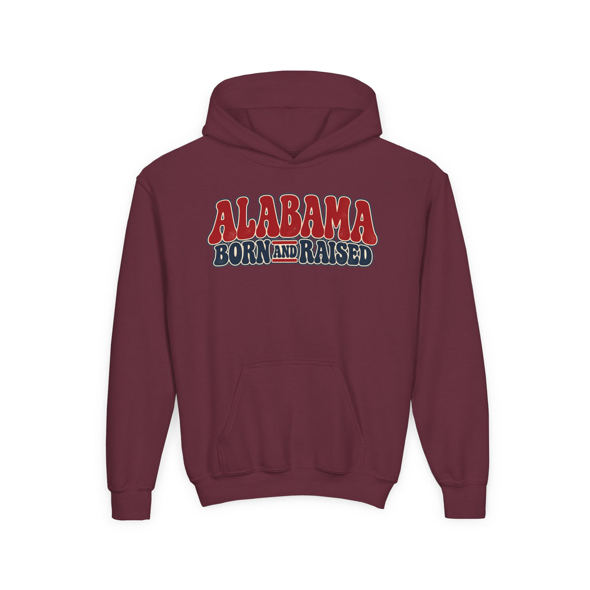 Alabama Born and Raised Retro 1970s Americana Unisex Youth Heavy Blend Hooded Sweatshirt Graphic