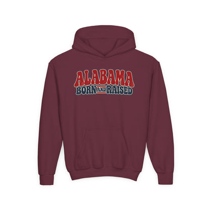 Alabama Born and Raised Retro 1970s Americana Unisex Youth Heavy Blend Hooded Sweatshirt Graphic