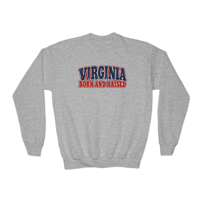 Virginia Born and Raised Retro 1970s Unisex Youth Crewneck Sweatshirt Graphic