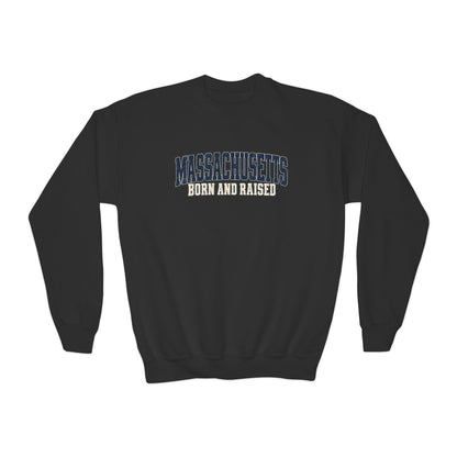 Massachusetts Born and Raised Rugged Heritage Unisex Youth Crewneck Sweatshirt