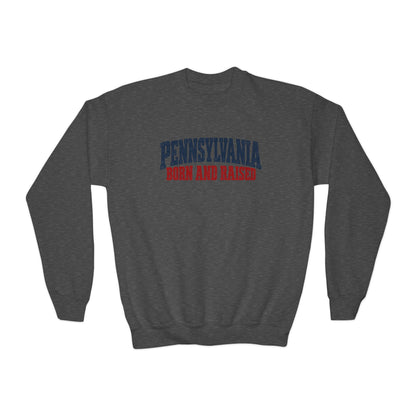 Pennsylvania Born and Raised Vintage Americana Unisex Youth Crewneck Sweatshirt Graphic