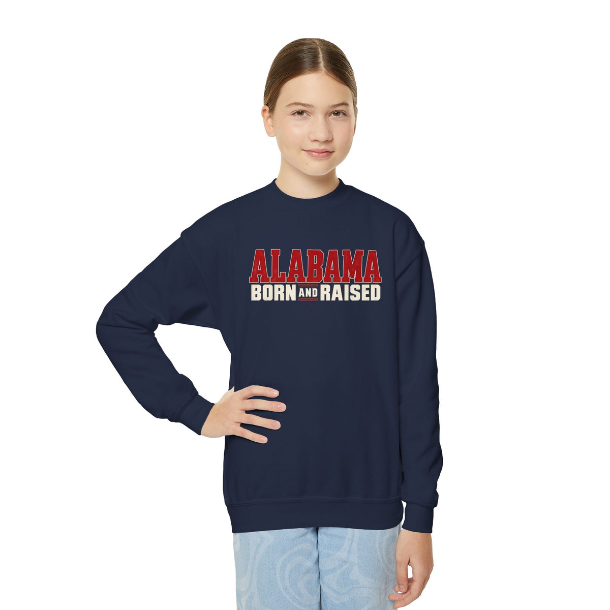 Alabama Born and Raised Premium Southern Streetwear Unisex Youth Crewneck Sweatshirt Graphic