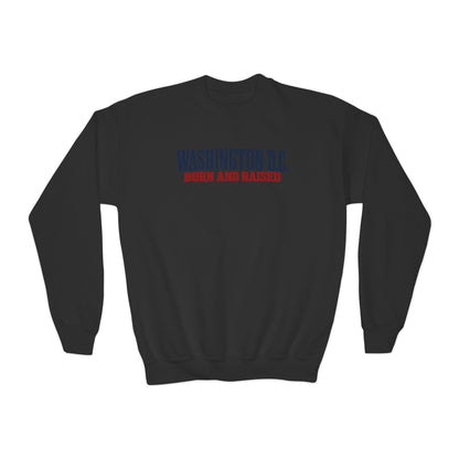Washington DC Born and Raised Heritage Serif Unisex Youth Crewneck Sweatshirt Graphic