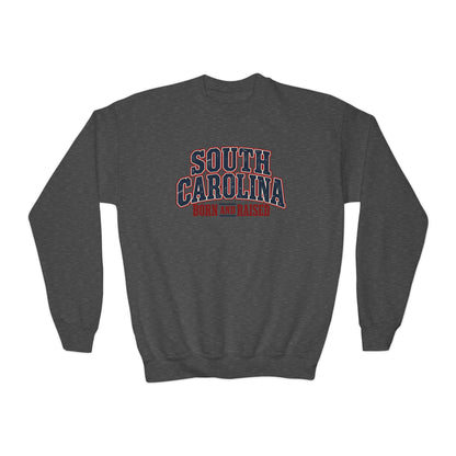 South Carolina Born and Raised Southern Americana Unisex Youth Crewneck Sweatshirt Graphic