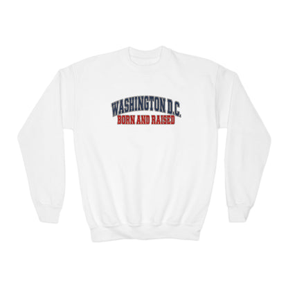 Washington DC Born and Raised Classic Collegiate Unisex Youth Crewneck Sweatshirt Graphic