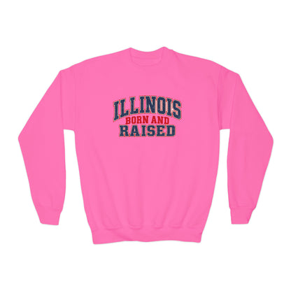 Illinois Born and Raised Vintage Collegiate Unisex Youth Crewneck Sweatshirt Graphic