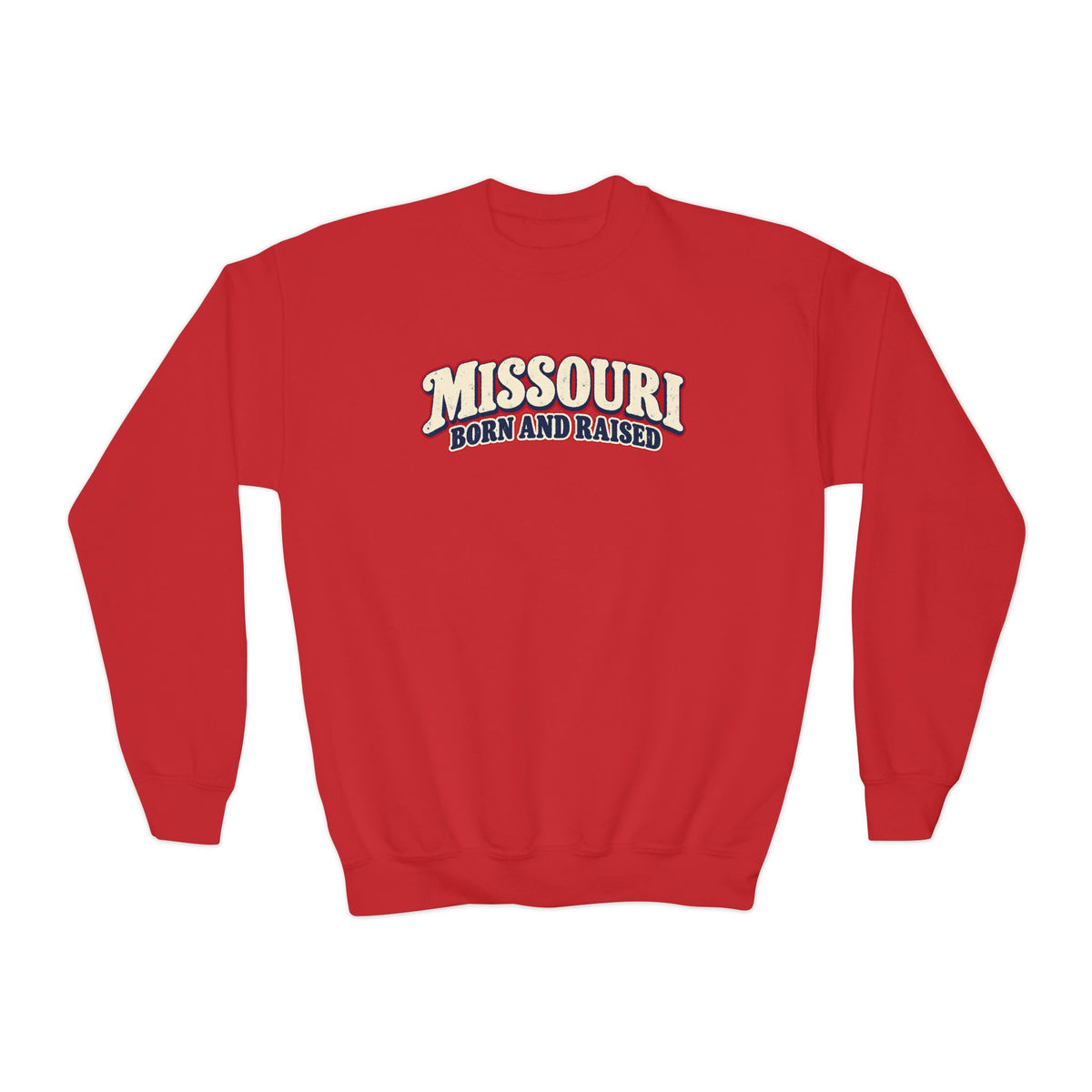 Missouri Born and Raised Retro 1970s Unisex Youth Crewneck Sweatshirt Graphic