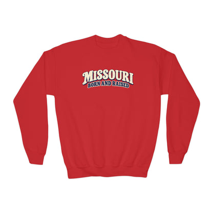 Missouri Born and Raised Retro 1970s Unisex Youth Crewneck Sweatshirt Graphic