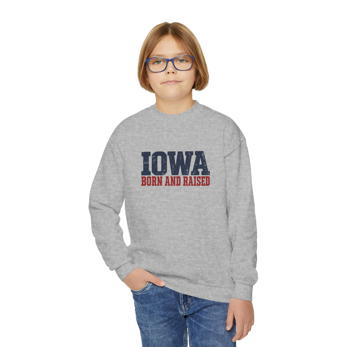 Iowa Born and Raised Rustic Midwest Unisex Youth Crewneck Sweatshirt Graphic