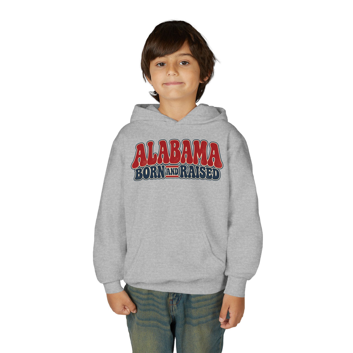 Alabama Born and Raised Retro 1970s Americana Unisex Youth Heavy Blend Hooded Sweatshirt Graphic