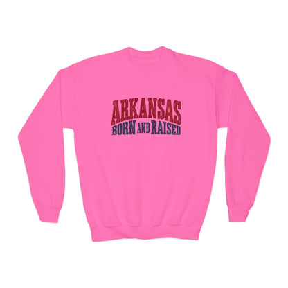 Arkansas Born and Raised Bold Vintage State Pride Unisex Youth Crewneck Sweatshirt Graphic