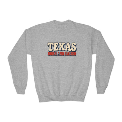 Texas Born and Raised  Retro Americana Unisex Youth Crewneck Sweatshirt Graphic