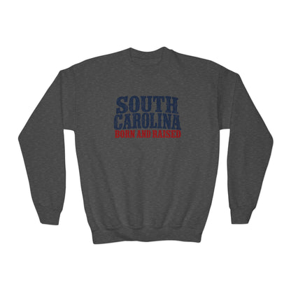 South Carolina Born and Raised Southern Heritage Unisex Youth Crewneck Sweatshirt Graphic