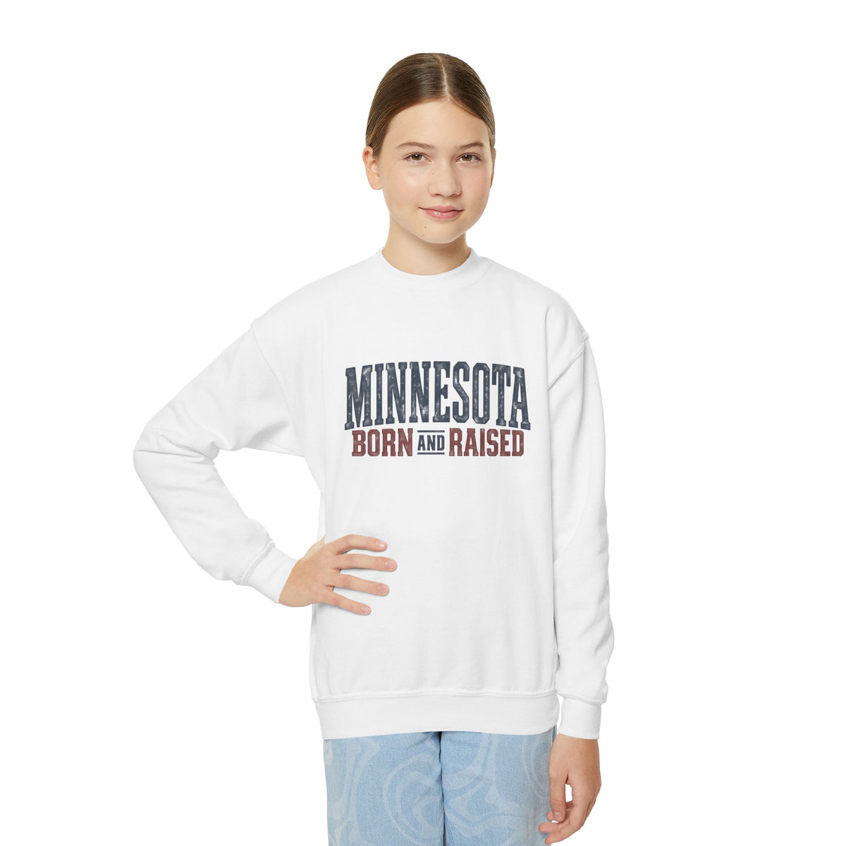 Minnesota Born and Raised Rustic Americana Unisex Youth Crewneck Sweatshirt Graphic