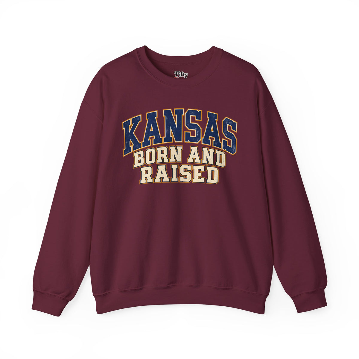 Kansas Born and Raised Unisex Crewneck Sweatshirt State Name Graphic