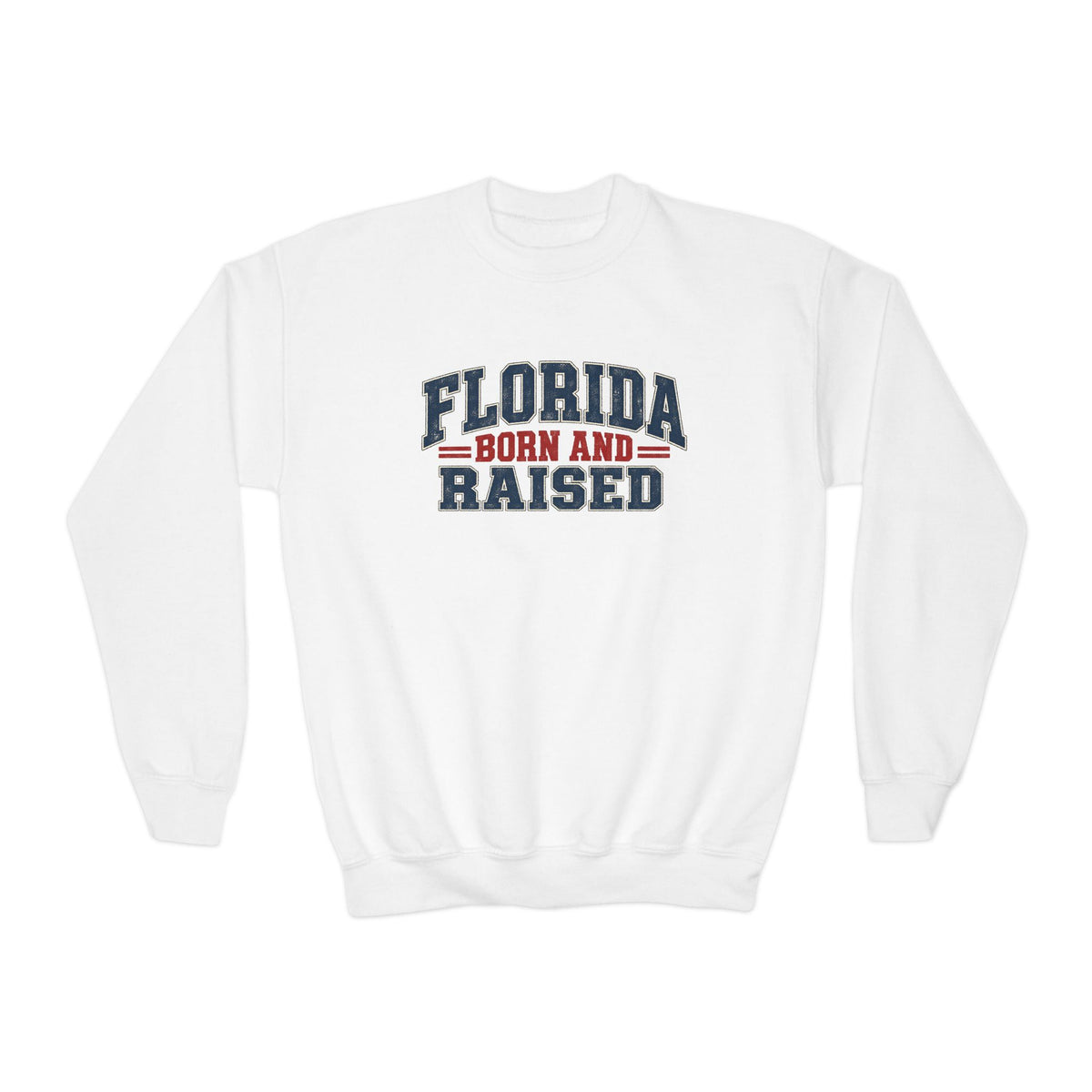 Florida Born and Raised Rustic Americana Unisex Youth Crewneck Sweatshirt Graphic