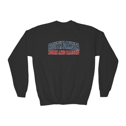 South Dakota Born and Raised Vintage Athletic Unisex Youth Crewneck Sweatshirt Graphic