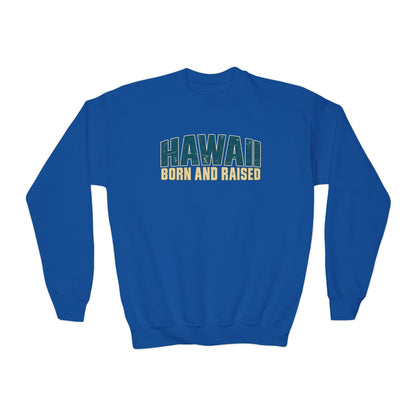 Hawaii Born and Raised Premium Surf Unisex Youth Crewneck Sweatshirt Graphic