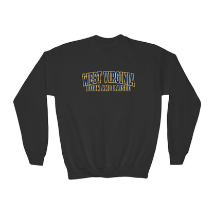 West Virginia Born and Raised Classic Collegiate Unisex Youth Crewneck Sweatshirt Graphic