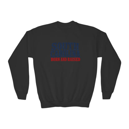 South Carolina Born and Raised Southern Heritage Unisex Youth Crewneck Sweatshirt Graphic