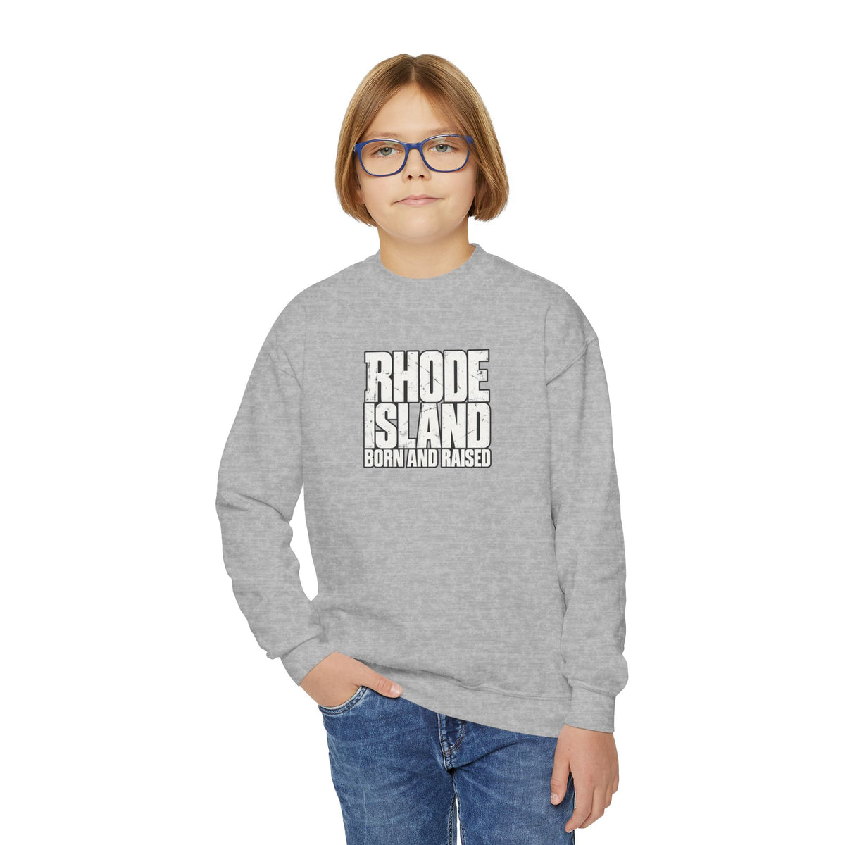 Rhode Island Born and Raised Northeast Streetwear Unisex Youth Crewneck Sweatshirt Graphic